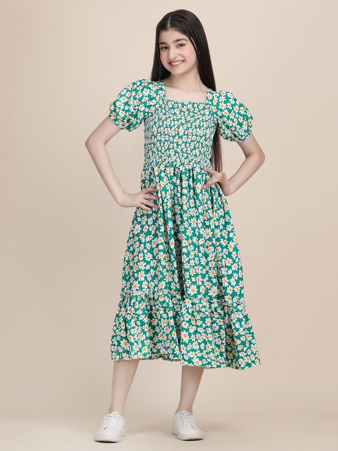 PaheliRani Girls Floral Puff Sleeve Fit & Flare Dress