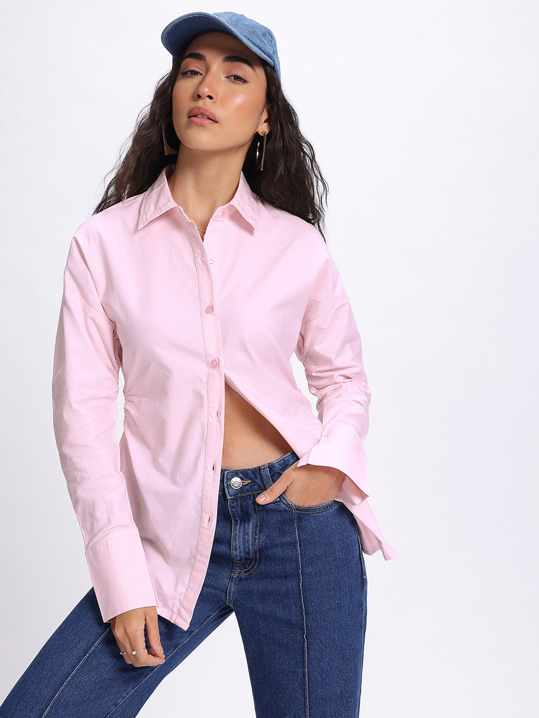 glitchez Solid Tailored Fit Spread Collar Longline Shirt