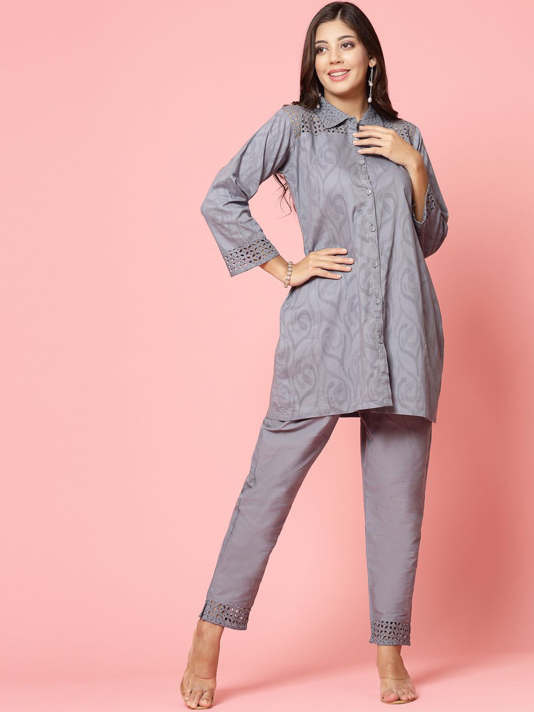All About You Net Collar Neck Shirt With Pant Co-ords Set