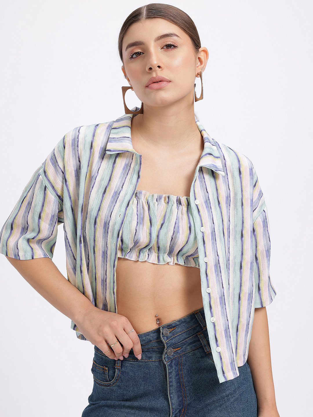 glitchez Striped Ruched Crop Bralette Top & Shirt