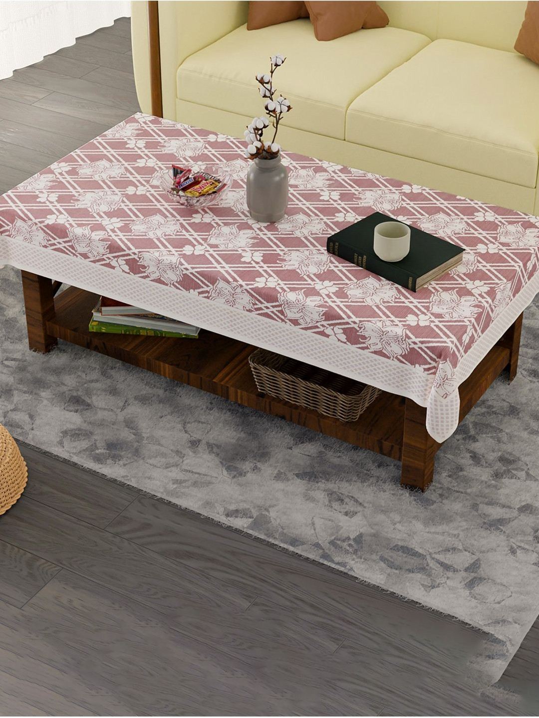 Aura Maroon Cross Flower Cotton 40x60 Inch 4 Seater Center Table Cover