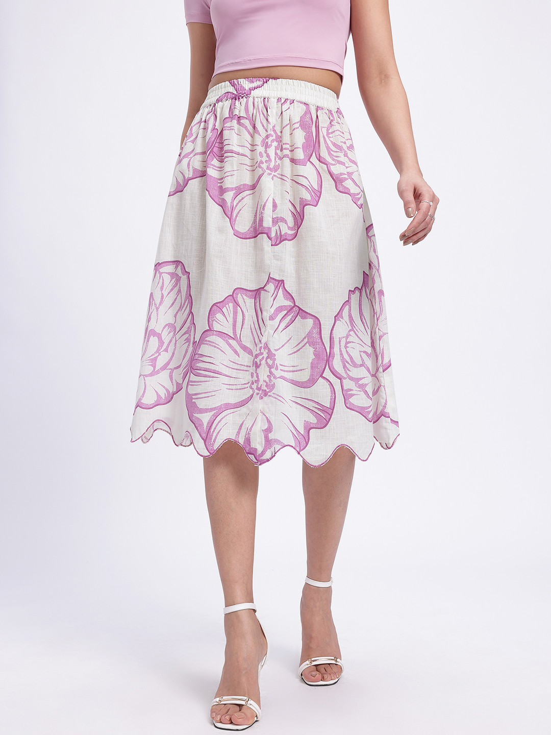 glitchez Floral Print Scalloped Hem A-Line Skirt