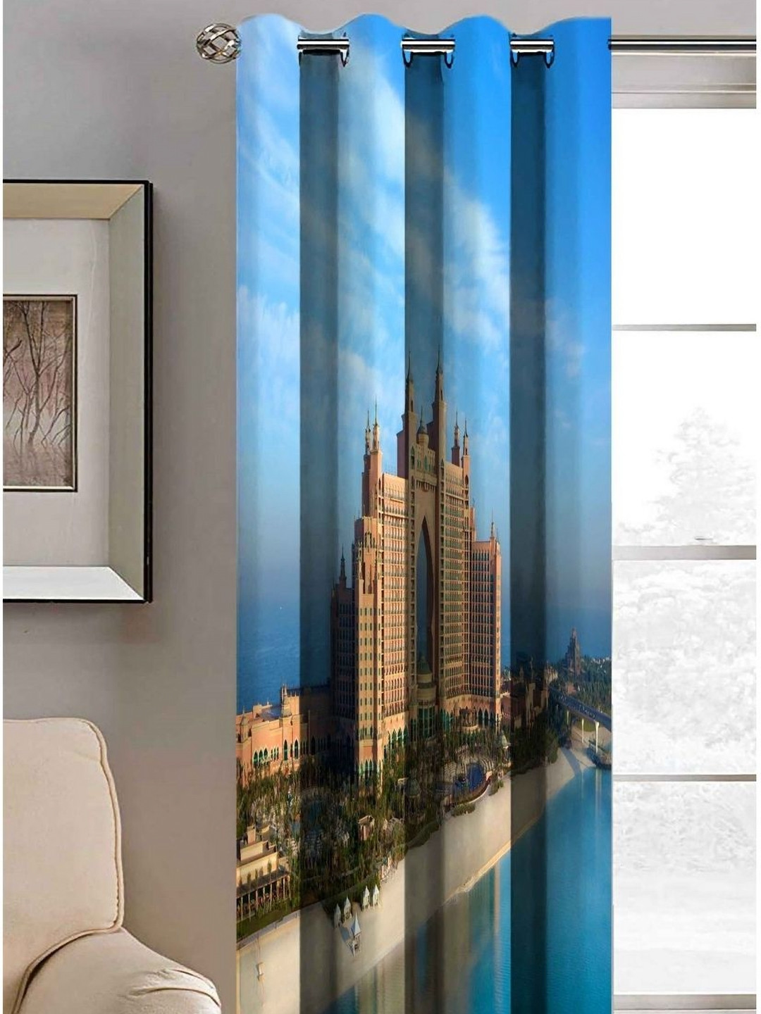 Aura Blue & Beige Abstract Printed Door Curtain