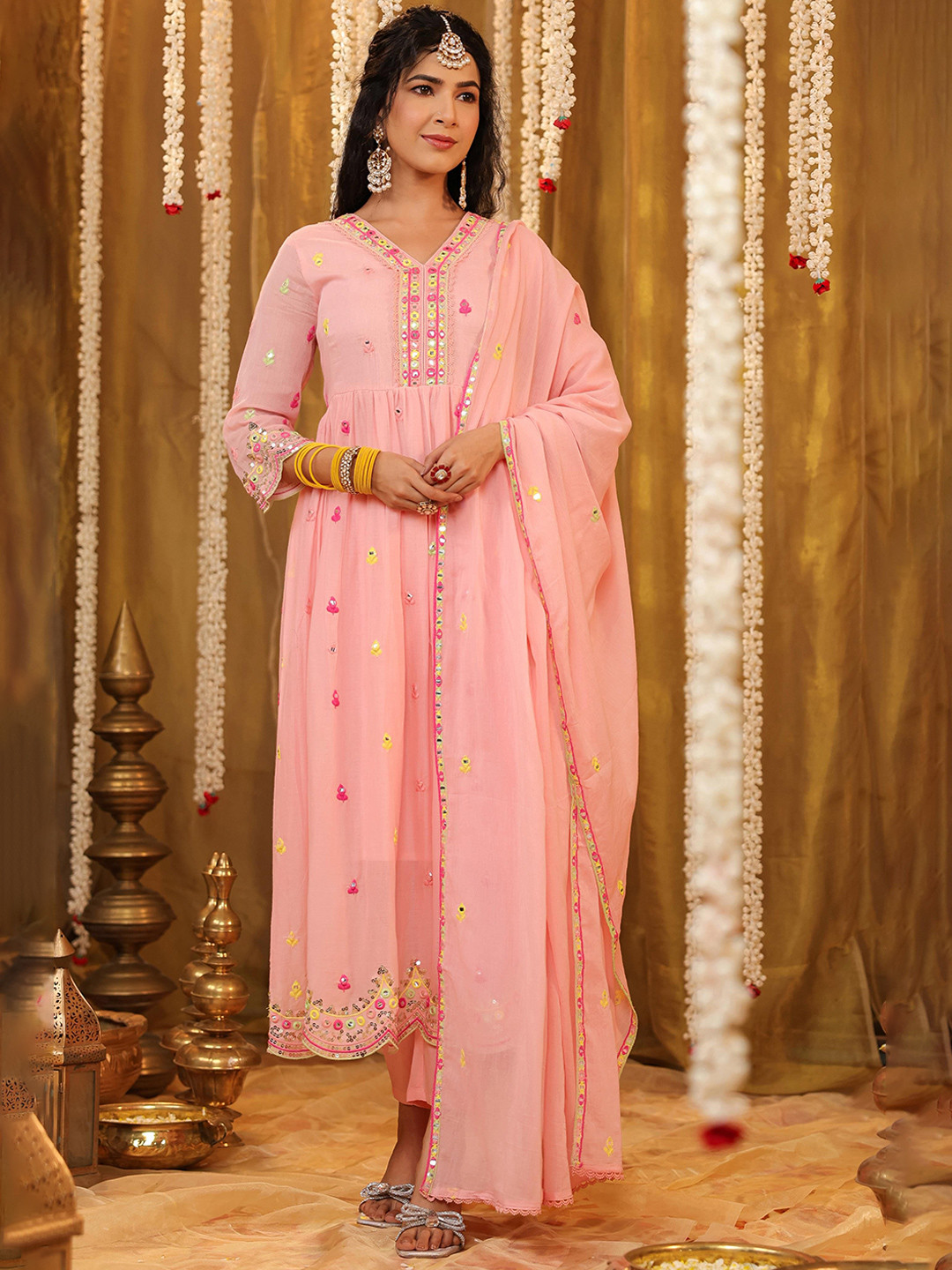 SCAKHI Women Peach Mulmul Multicoloured Mirror And Sequin Embroidered Anarkali Suit Set