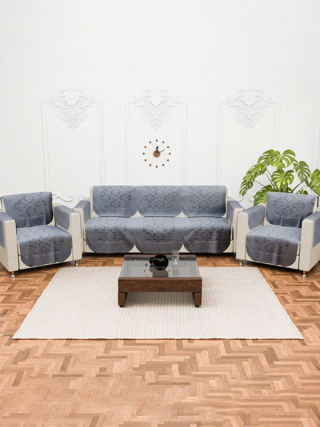 Aura Grey 16 Pcs Cotton Anti Slip Decorative Sofa Cover Set 5 Seater Sofa Cover with Arms