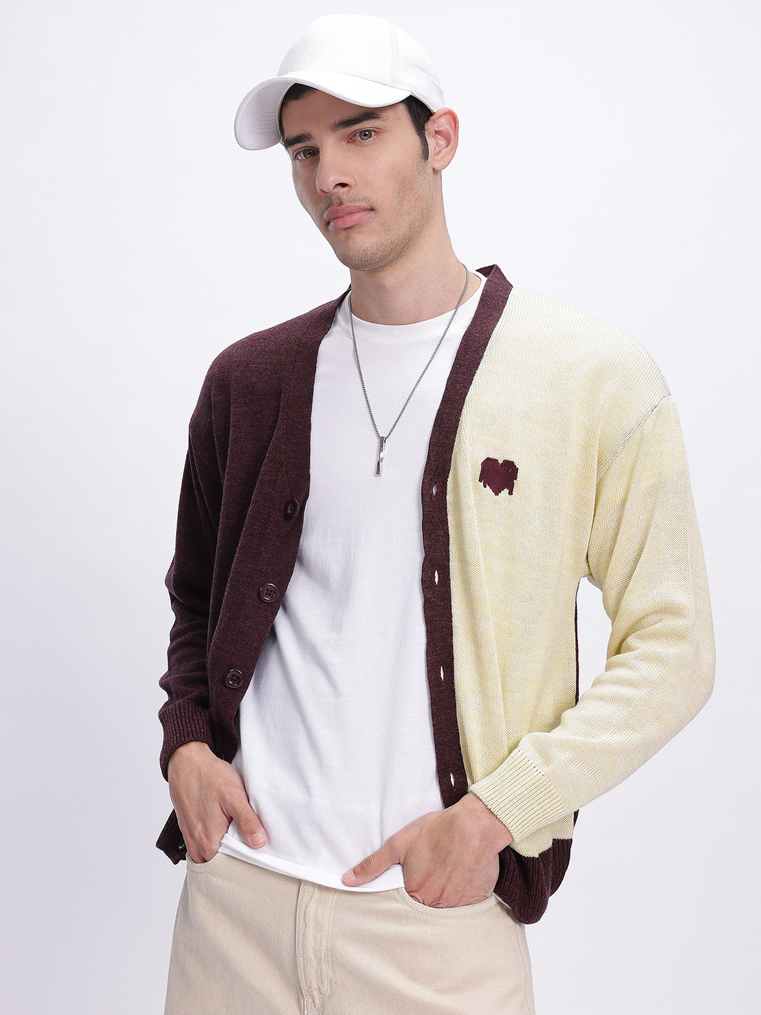 glitchez Contrast Drop-Shoulder Sleeves Acrylic Button-Up Cardigan
