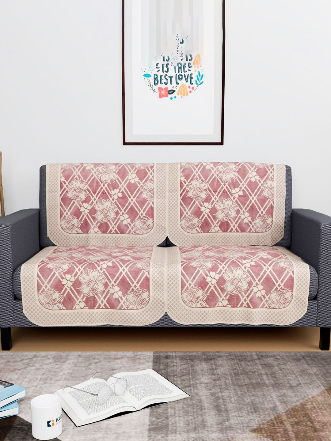 Aura Maroon & Cream Cotton 4 Piece Protective Sofa Cover 2 Seater Anti Slip Sofa Cover