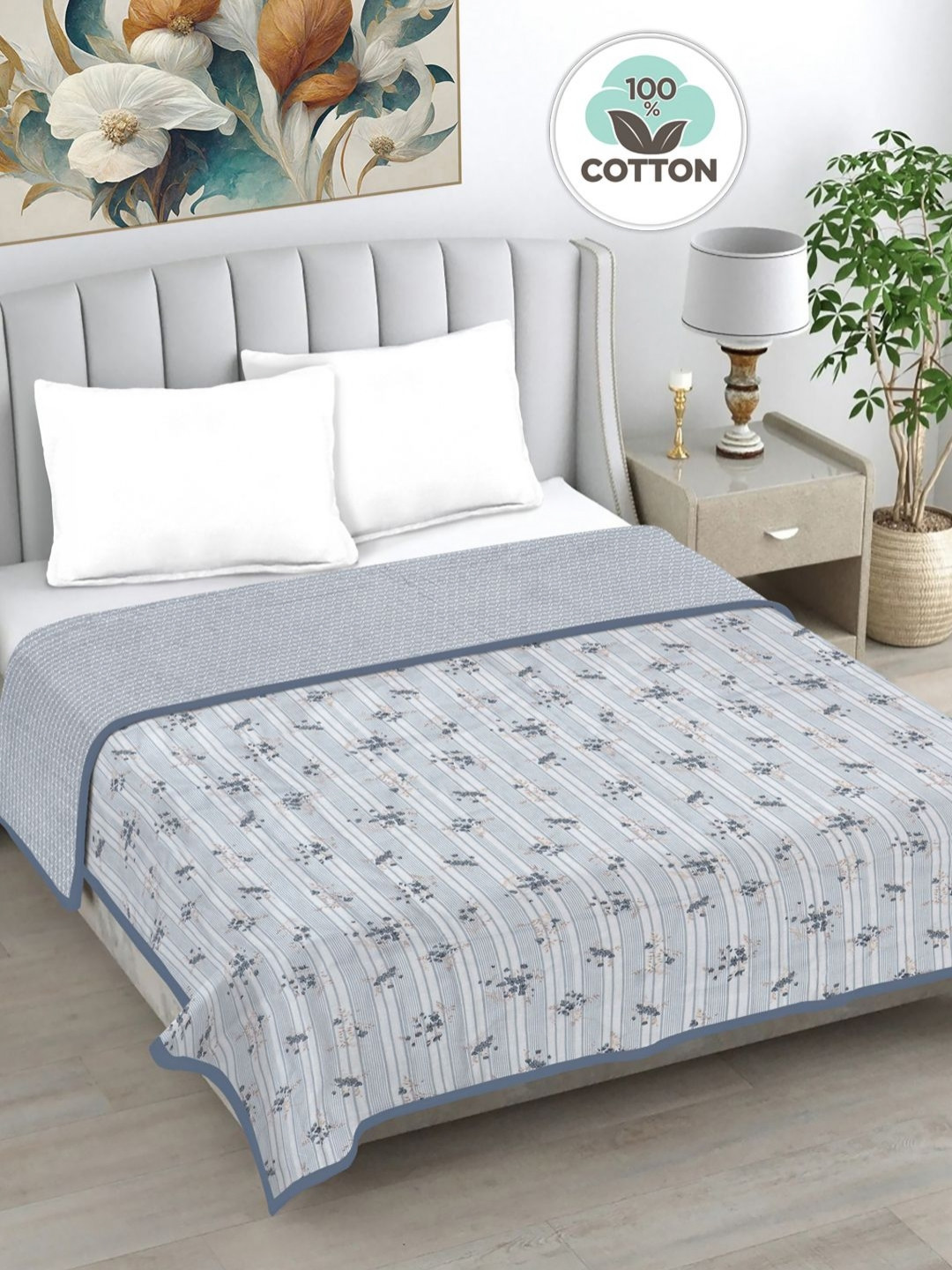 FABINALIV White & Grey Printed Pure Cotton 230 GSM AC Room Reversible Double Bed Dohar