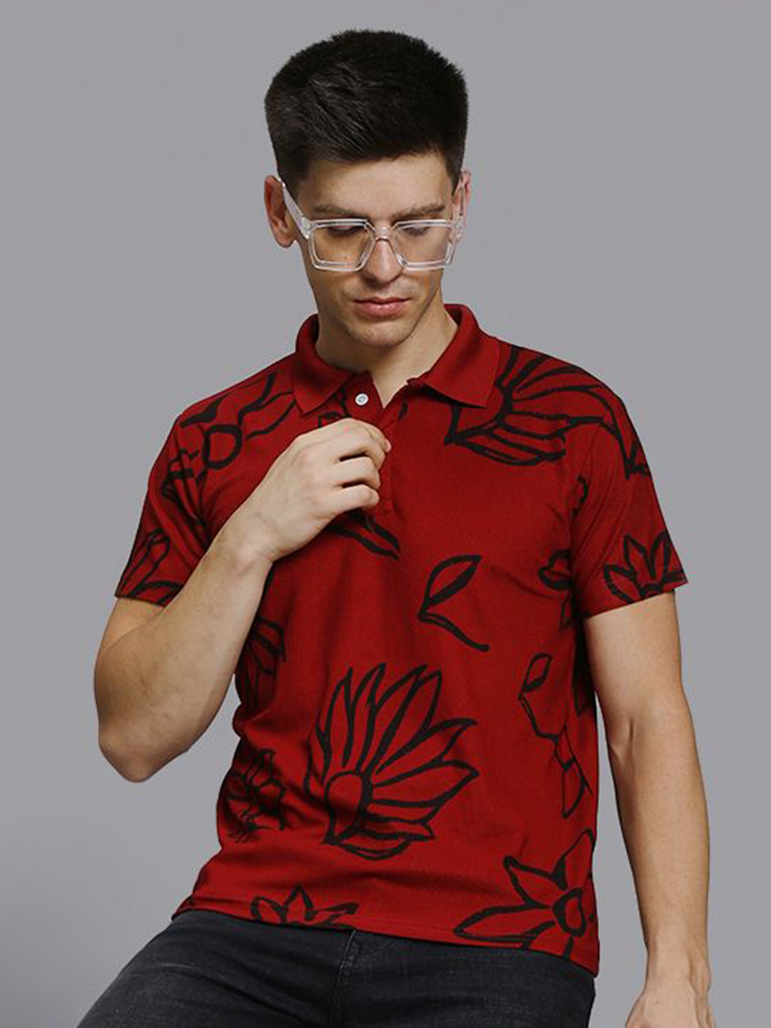 STELVIN Floral Printed Polo Collar Cotton Regular Fit T-shirt