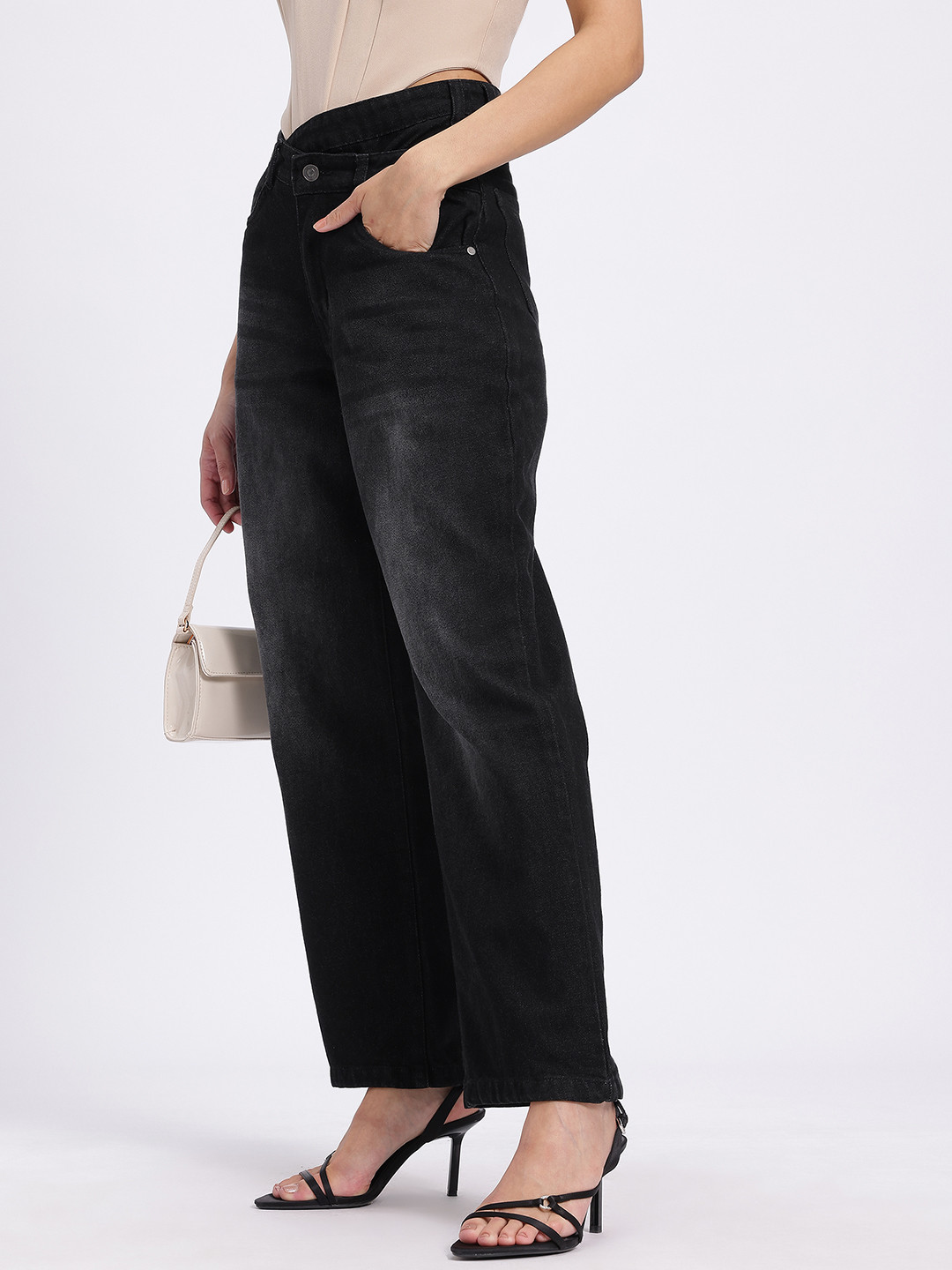 glitchez Women Asymmetric Closure Baggy Straight Jeans