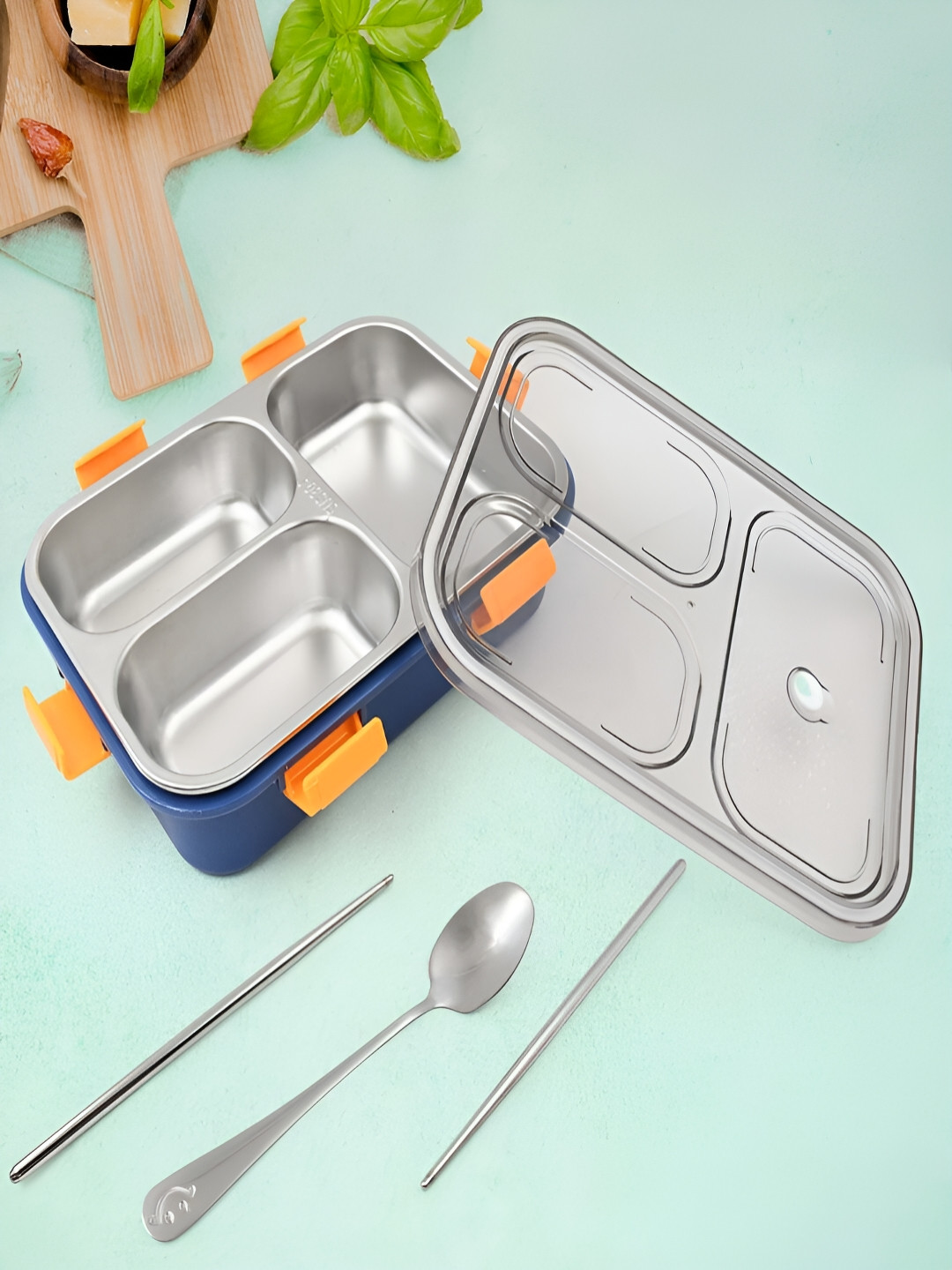 DeoDap 10196 Blue Solid Plastic Easy to Clean 3PCs Lunch Box With Spoon and Fork
