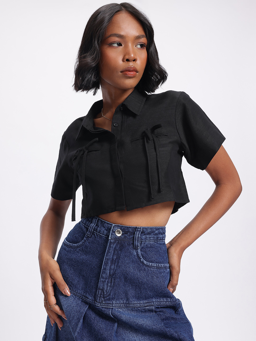 glitchez Casual Bow Ties Crop Shirt