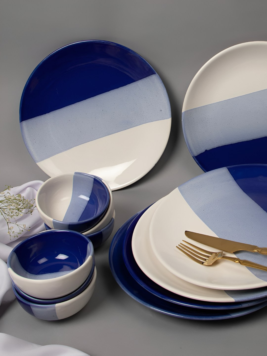 THE WHITE SPACE LIVING Blue 2025 12 Pieces Ceramic Dishwasher and Microwave Safe Dinner Set of
