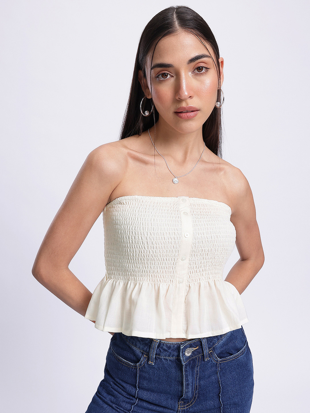 glitchez Button Details Smocked Bandeau Top