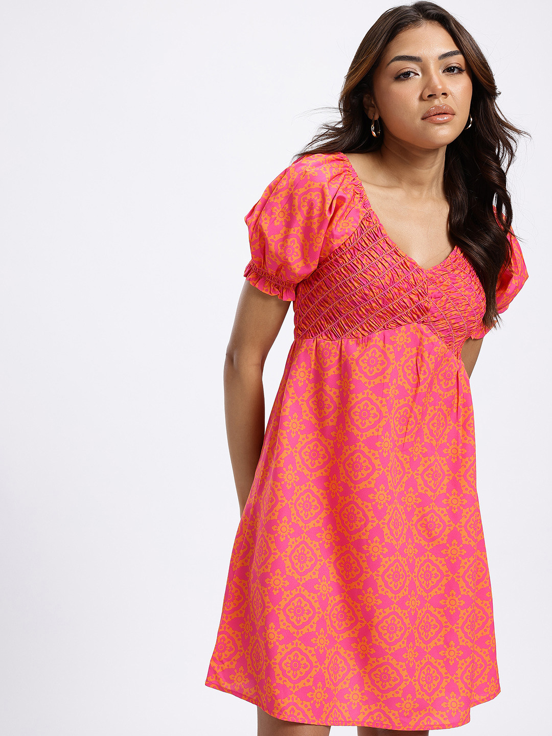 glitchez Motif Print Smocked Empire Dress