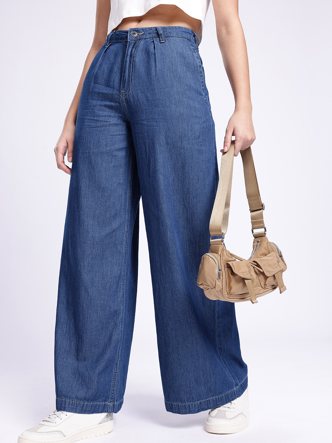 glitchez Women Pleated Detail Straight Palazzo Fit Jeans