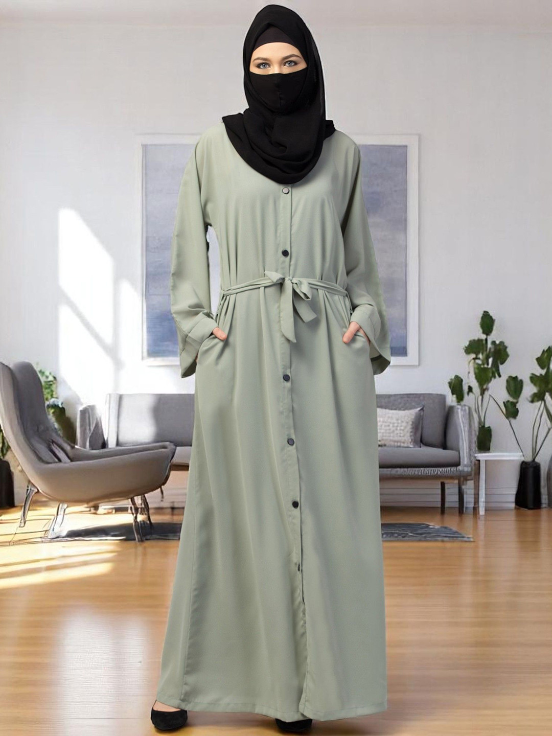BASHARIYA Front Open Abaya Kimono Sleeves & Belt with Scarf