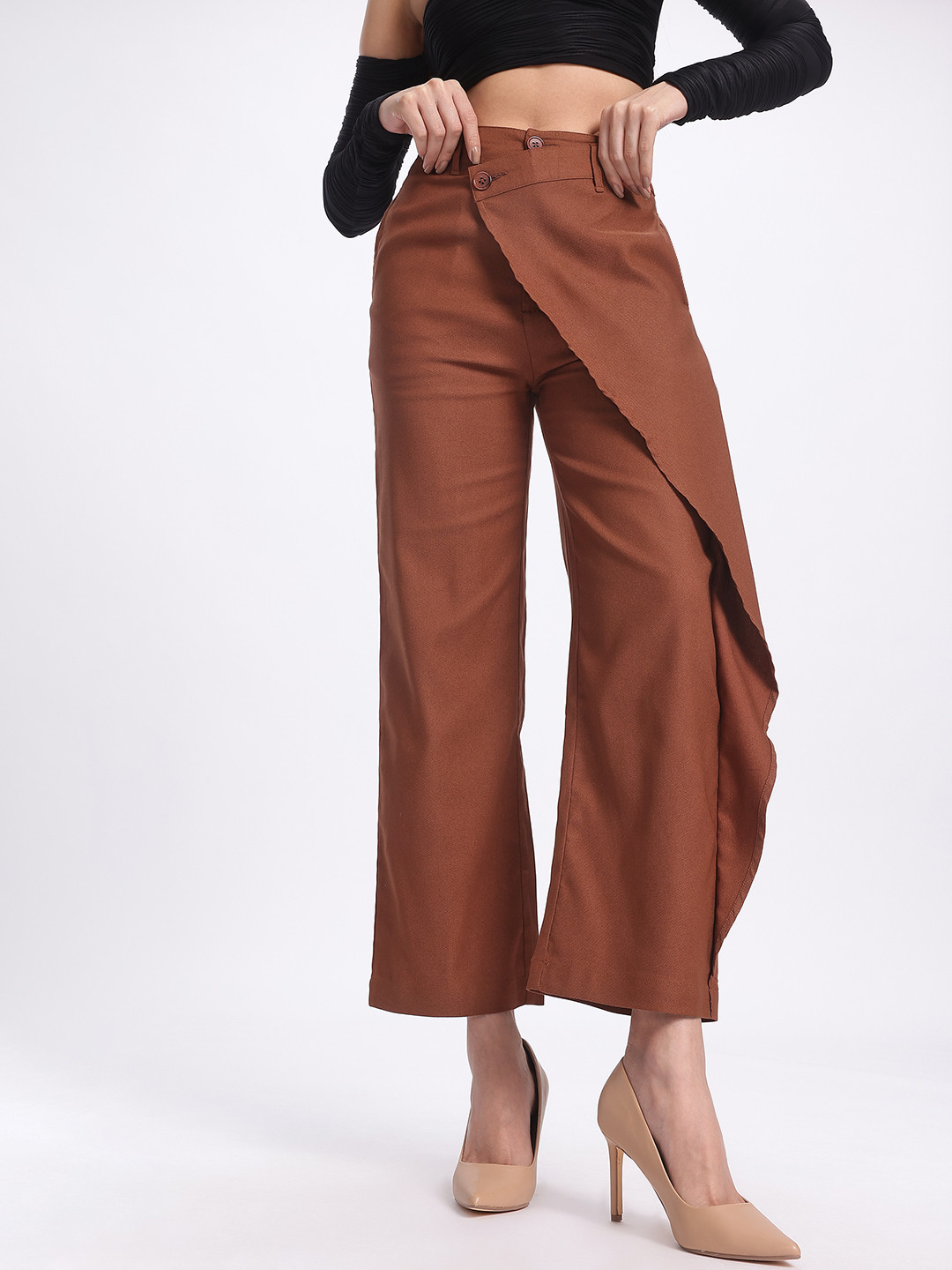 glitchez Doube Asymmetrical Button High Rise Pareo Korean Relaxed Fit Pants
