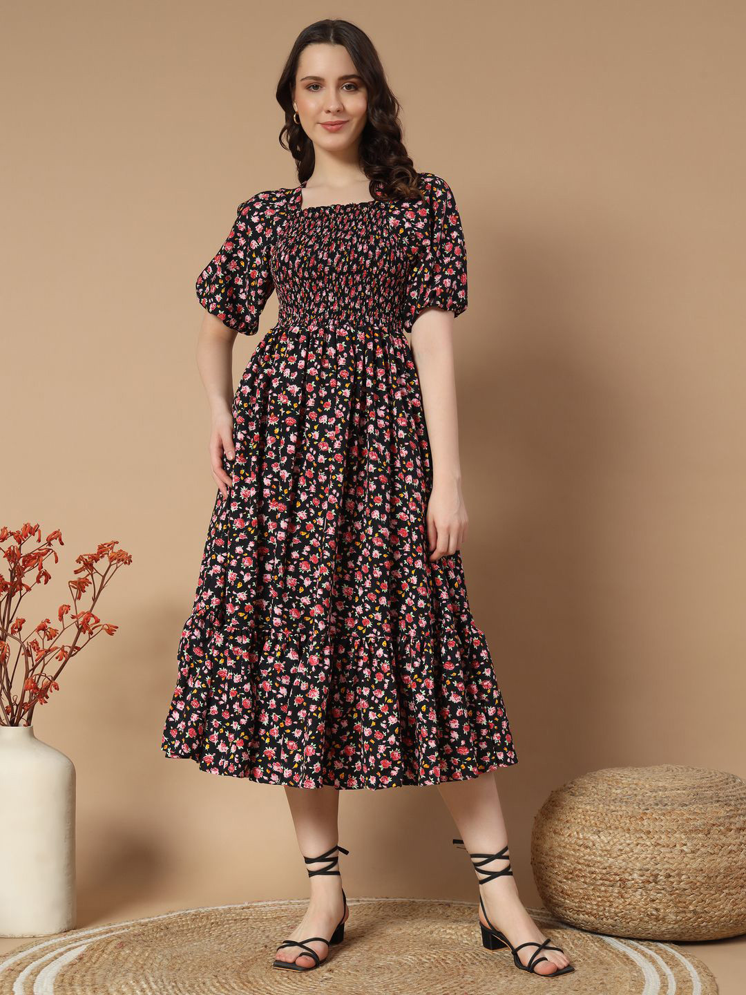 LookShine Women  Floral Print Puff Sleeve A-Line Midi Dress