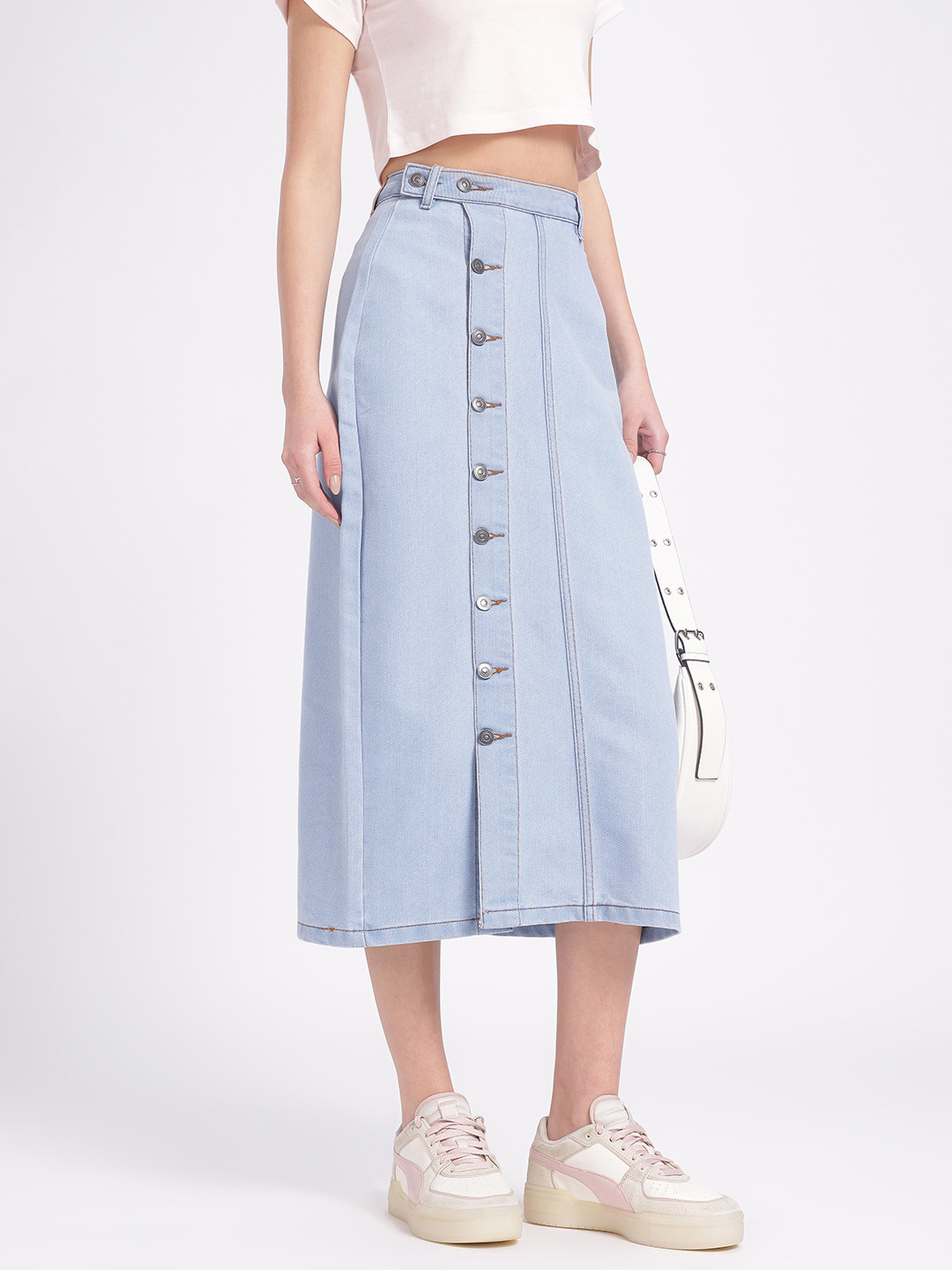 glitchez Denim High-Waist Midi Denim Skirt