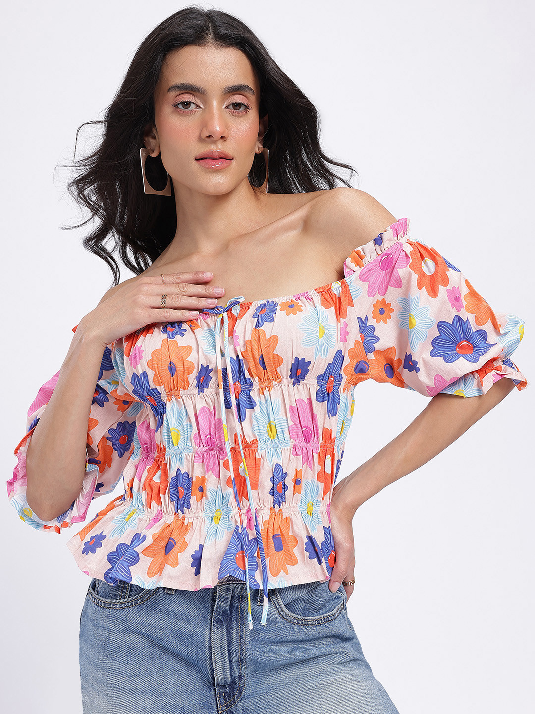 glitchez Florals Print Ruched Effect Off-Shoulder Pure Cotton Bardot Top