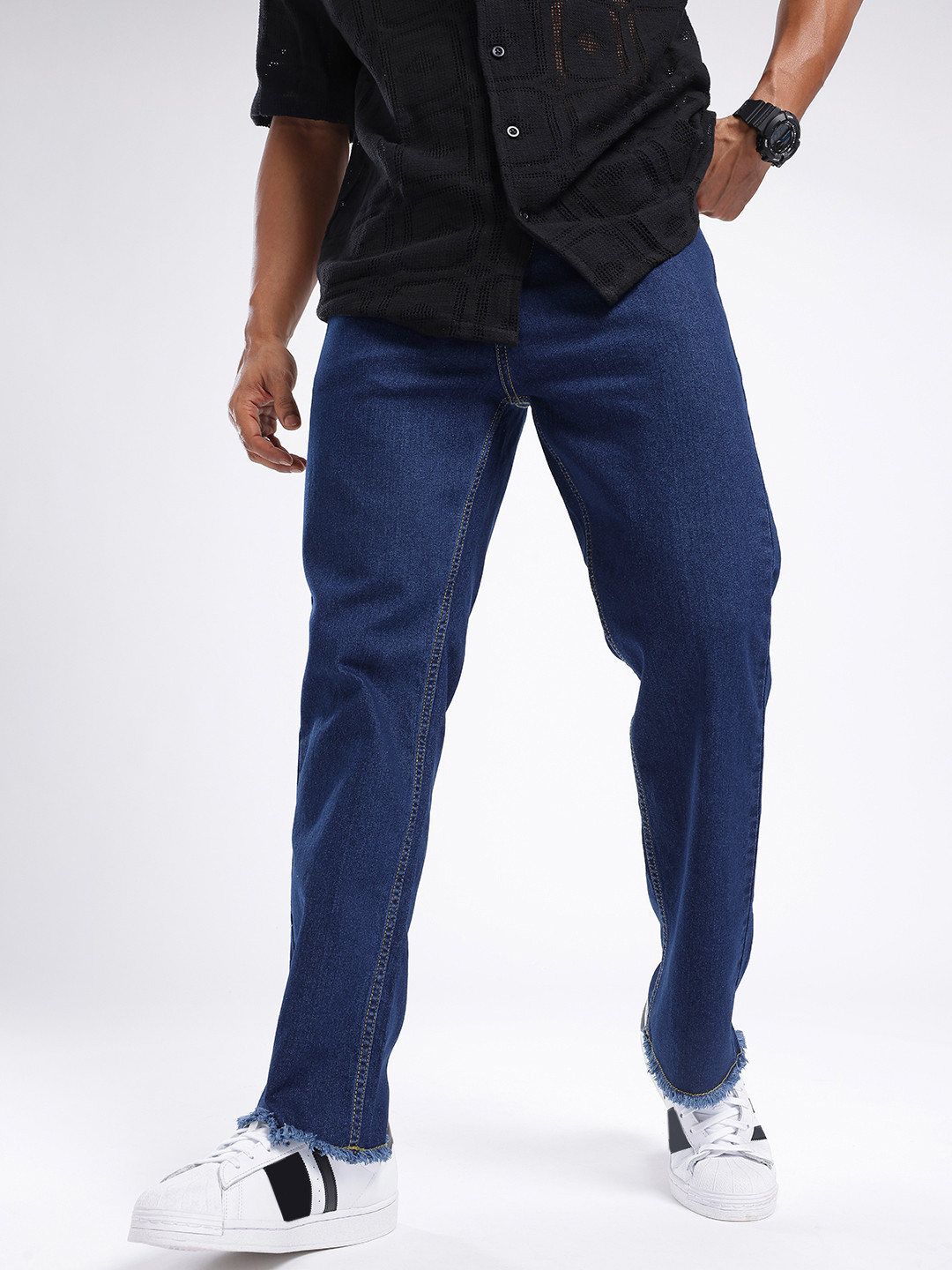 glitchez Men Frayed Straight Cropped Jeans