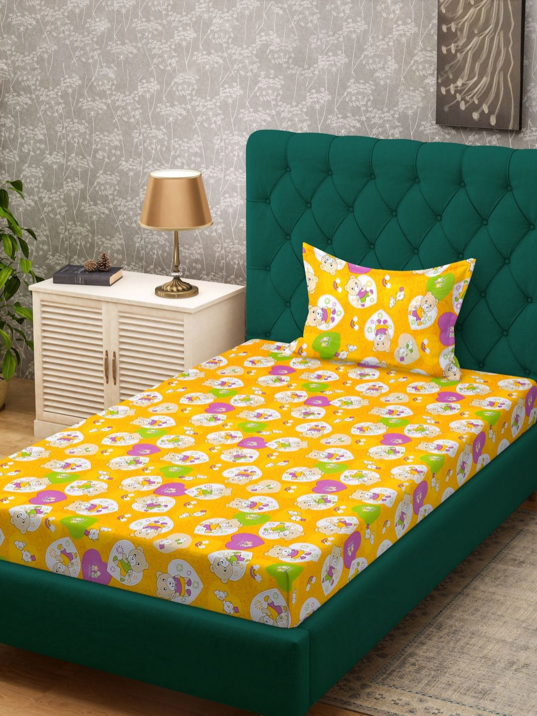 KLOTTHE Yellow Conversational Cotton Stain Resistant 400 TC Single Fine Bedsheet with a Pillow Cover-225 x 150 cm