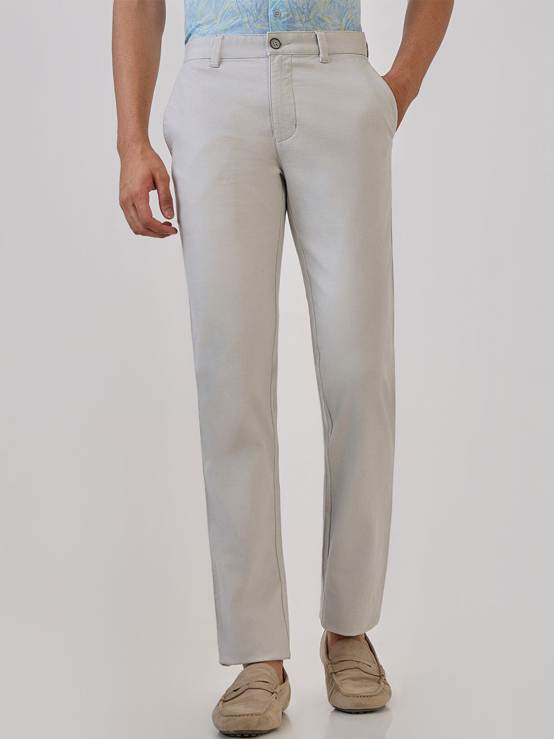 Parx Men Solid Mid-Rise Slim Tapered Fit Dobby Pattern Flat Front Casual Trousers