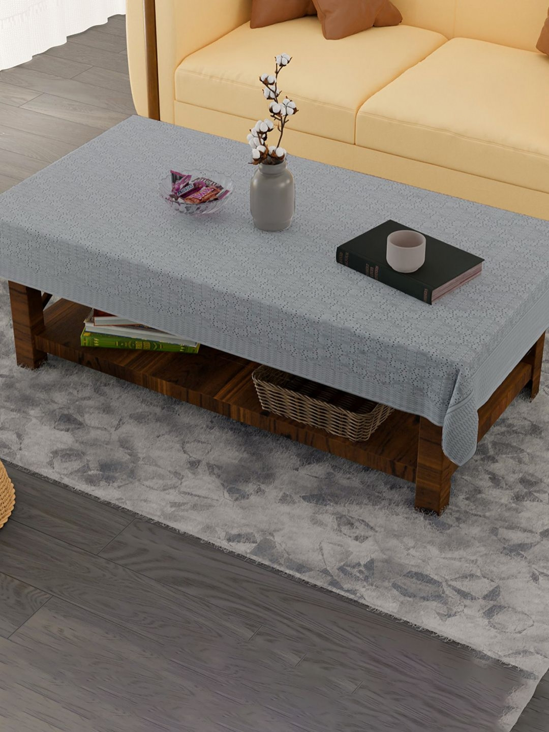 Aura Grey Self Boring Design Cotton 40x60 Inch 4 Seater Center Table Cover