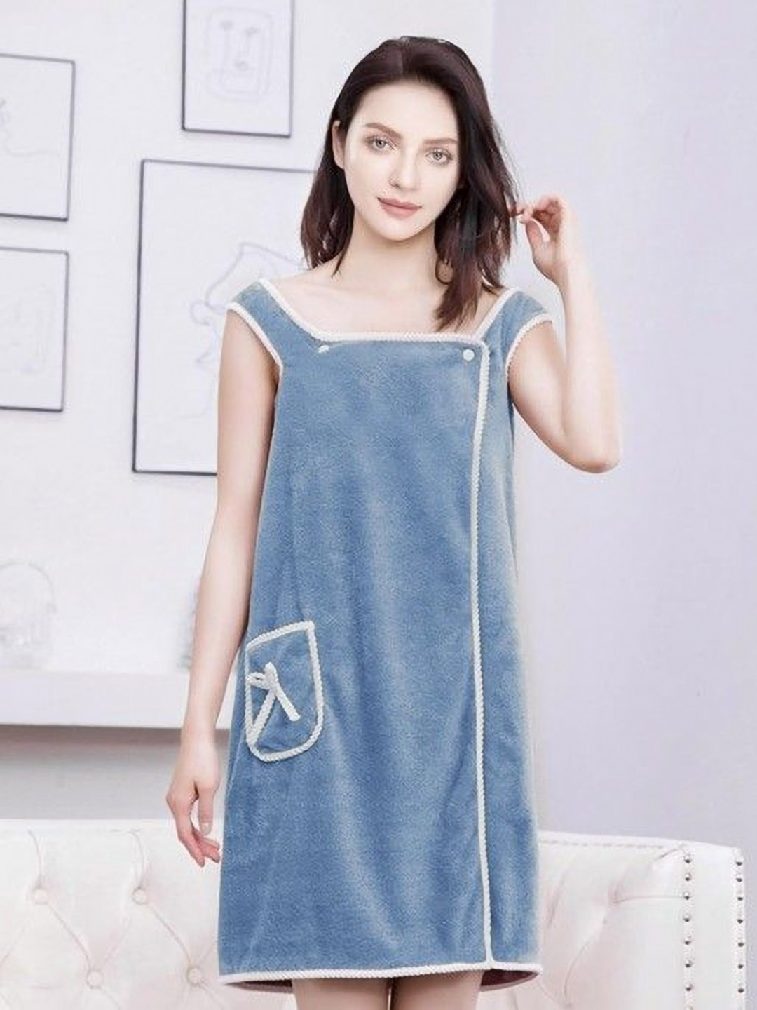 MORADO Blue Solid Microfibre Button Mini Bath Wrap