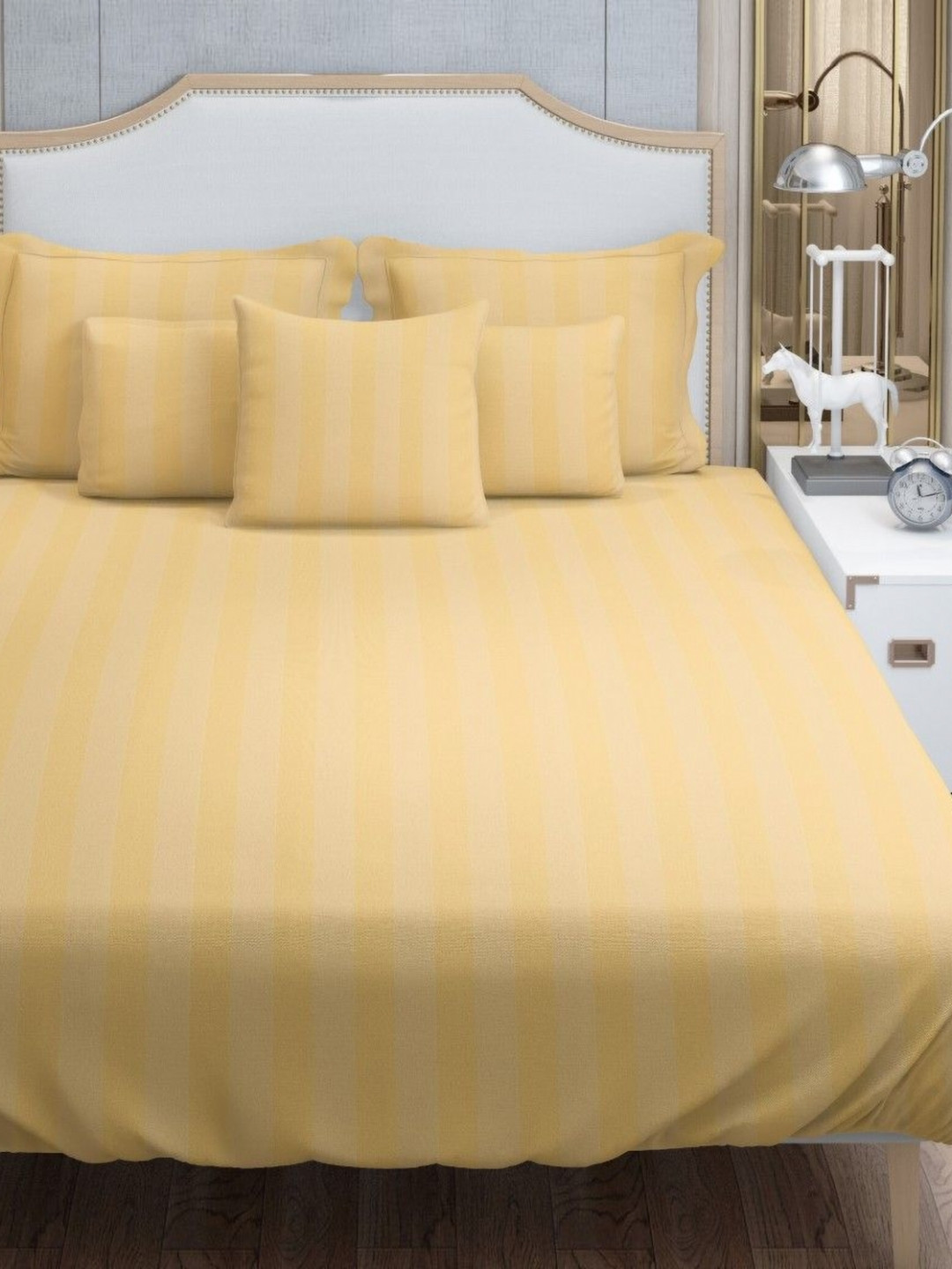 HOME PLUS STUDIOS Cream Striped Cotton 250 TC King Fine Bedsheet with 2 Pillow Covers-87 x 94 inches