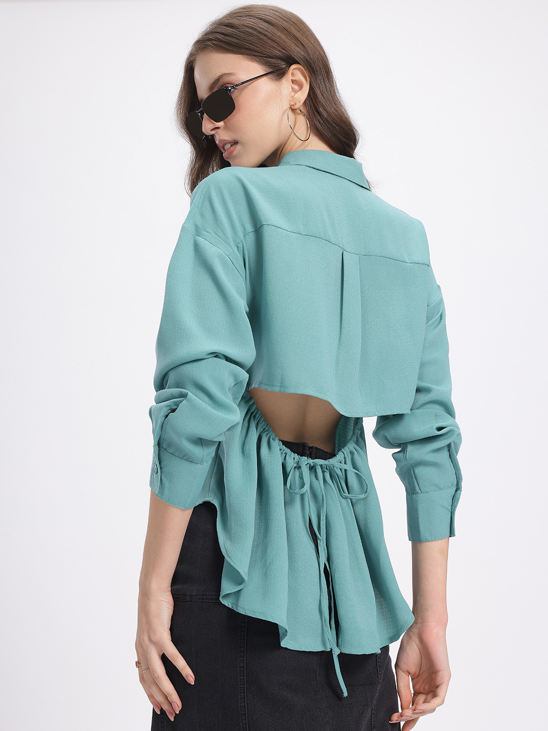 glitchez Tie-Up Cut-Out Back Relaxed Shirt Style Top