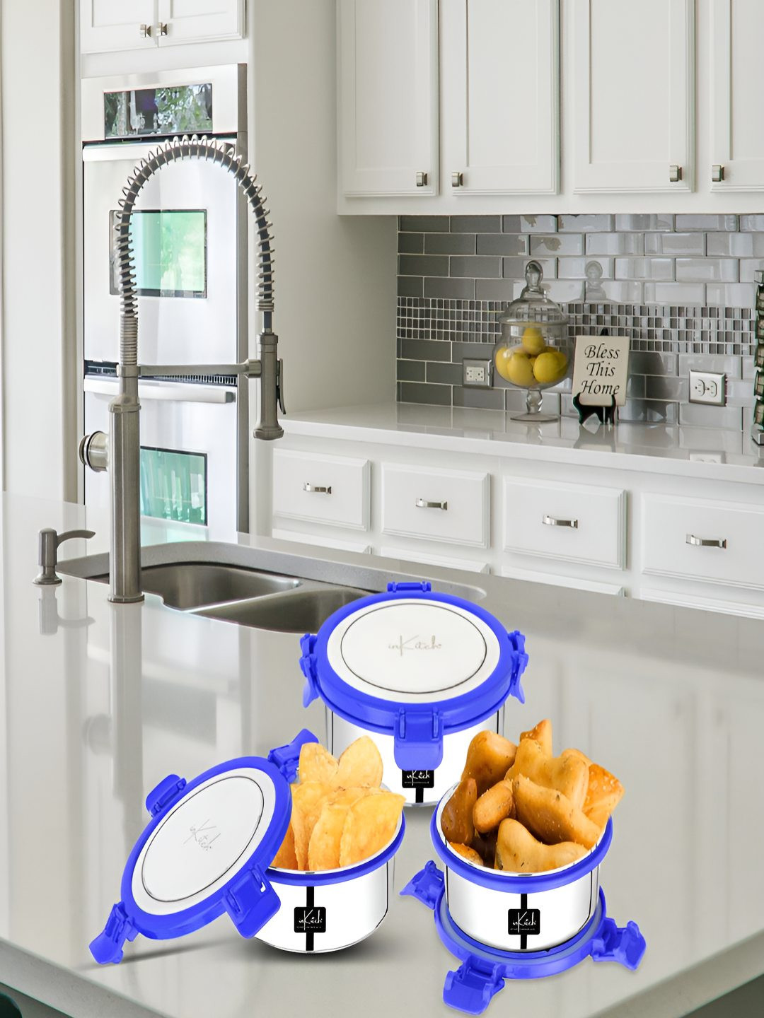 inkitch Steel Stainless Steel Leak Resistant 3 Piece Magnetic Fridge Container-700ml
