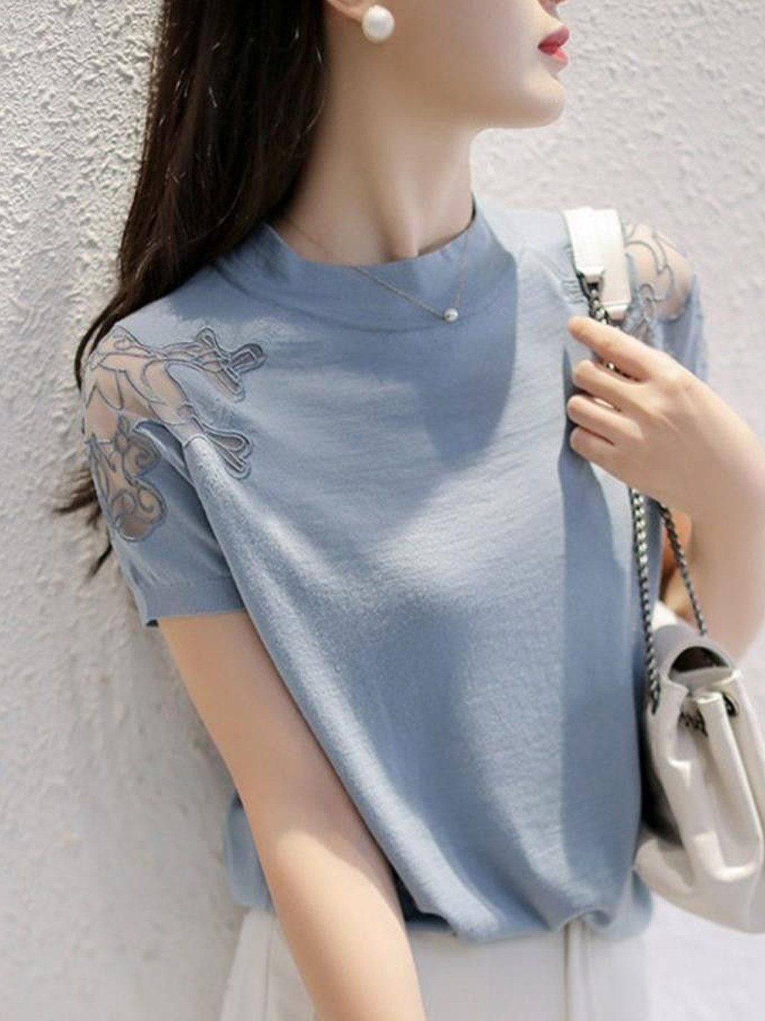 bebe Mock Neck Embroidered Sheer Shoulder Panels Top