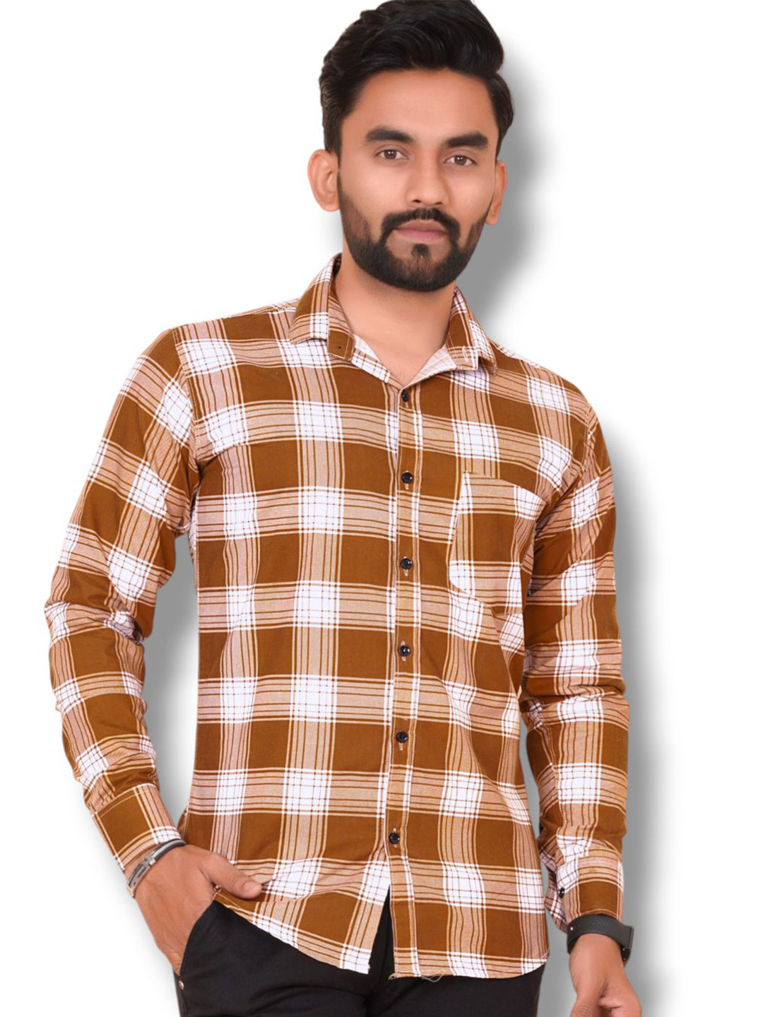 HKV FASHION Modern Checked Spread Collar Cotton Shirt