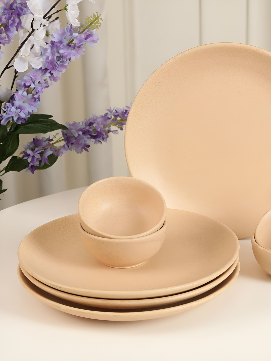 THE WHITE SPACE LIVING Reactive Glaze Beige Solid Stoneware Dishwasher and Microwave Safe 8 Piece Dinner Set