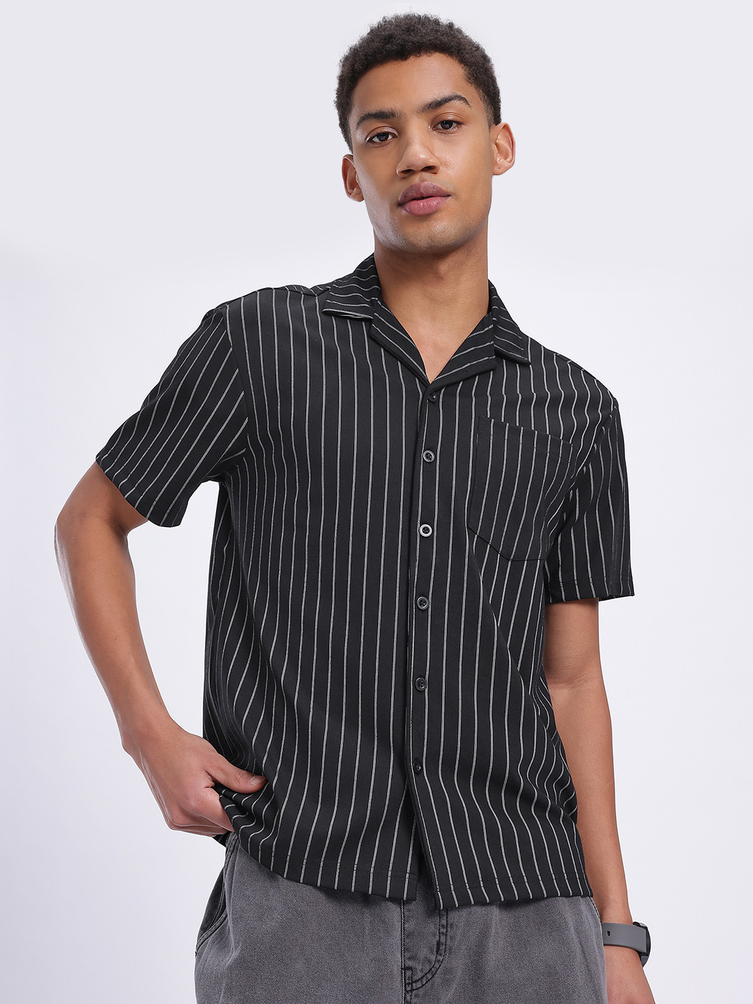 glitchez Vertical Striped Monochrome Regular Fit Shirt