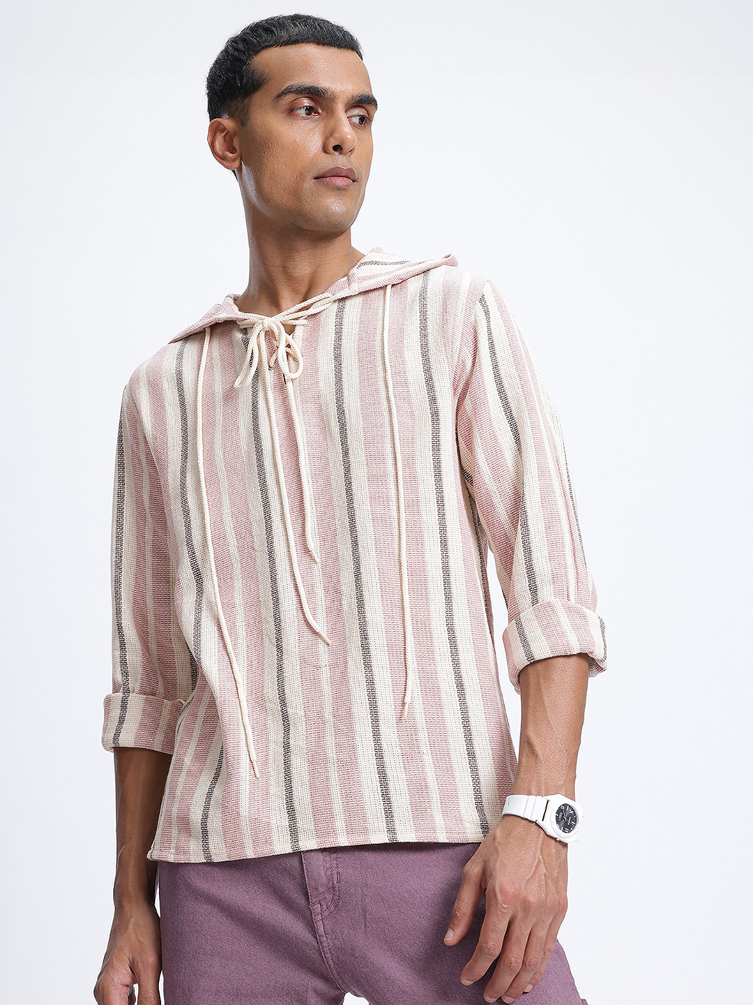 glitchez Tweed Striped Lace -Ups Hooded Shirt