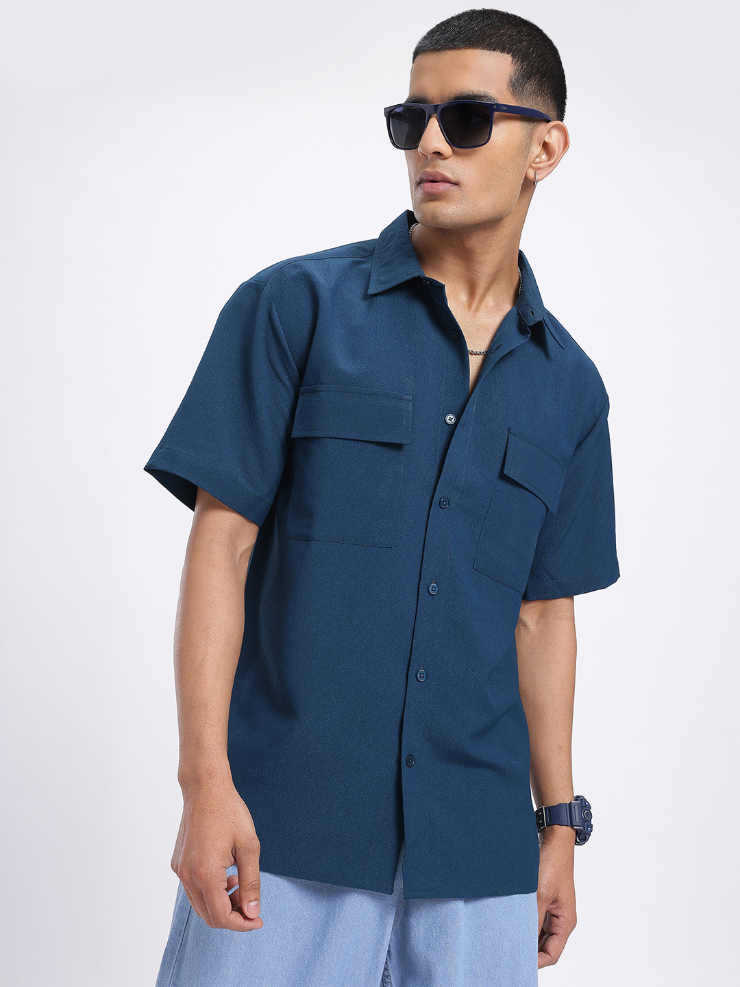 Glitchez Navy Blue Textured Relaxed Shirt