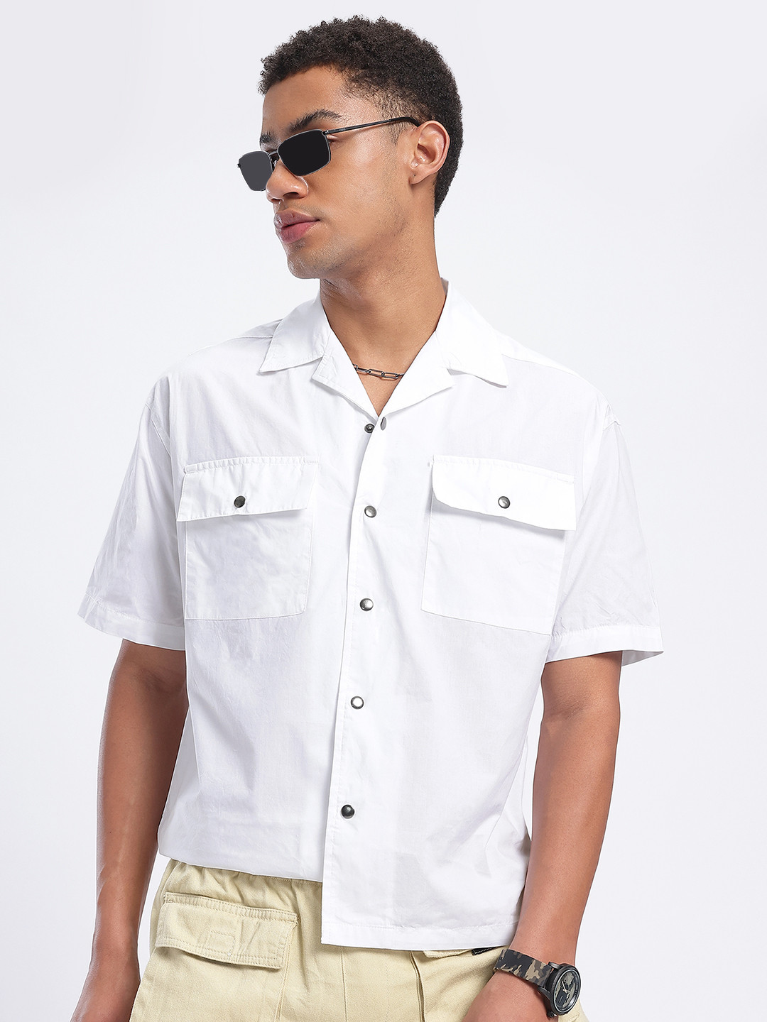 glitchez Solid Cubain Collar Oversized Shirt