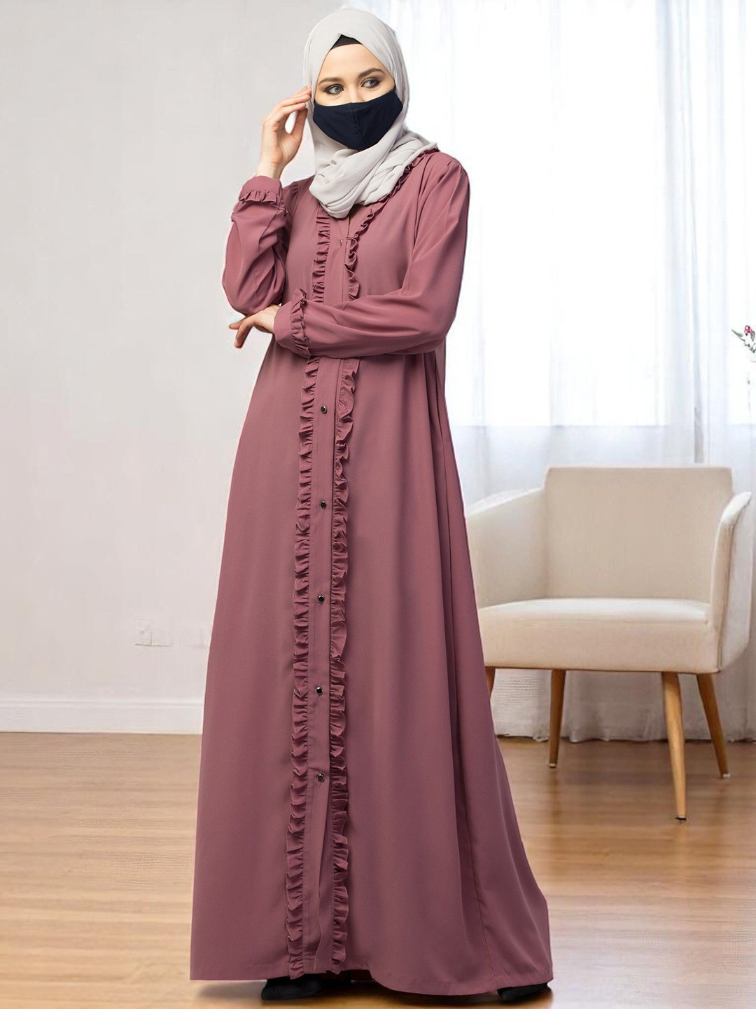 BASHARIYA Front-Open Ruffle Abaya Burqa