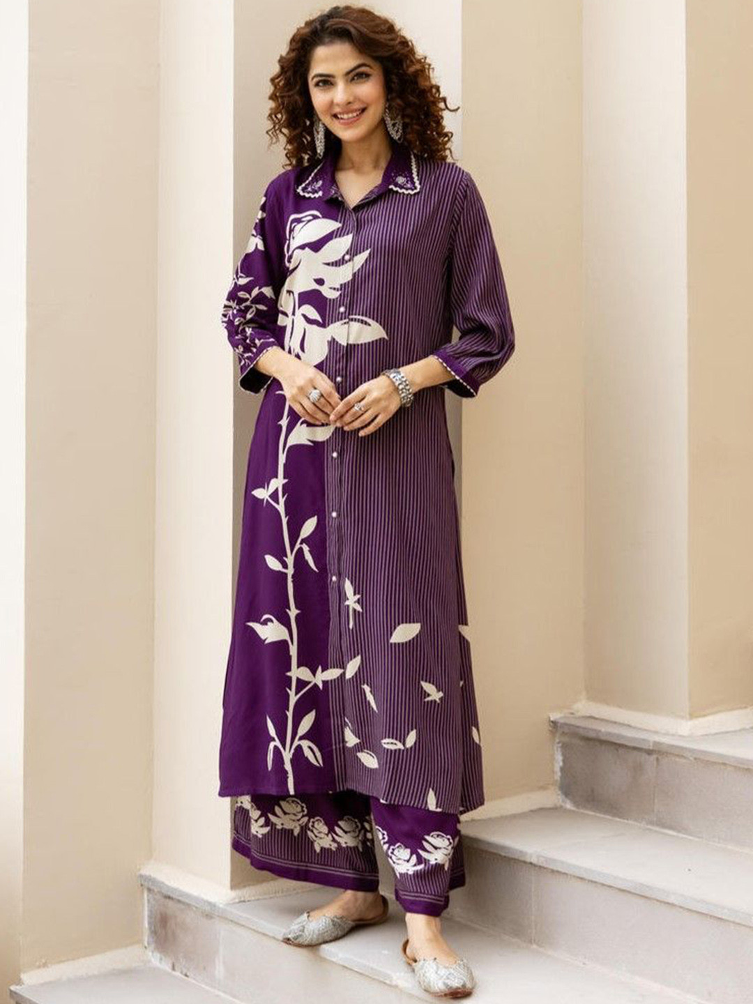 AUTUMN LANE Bakul Tyrian Floral Printed Pure Cotton Kurta With Palazzos
