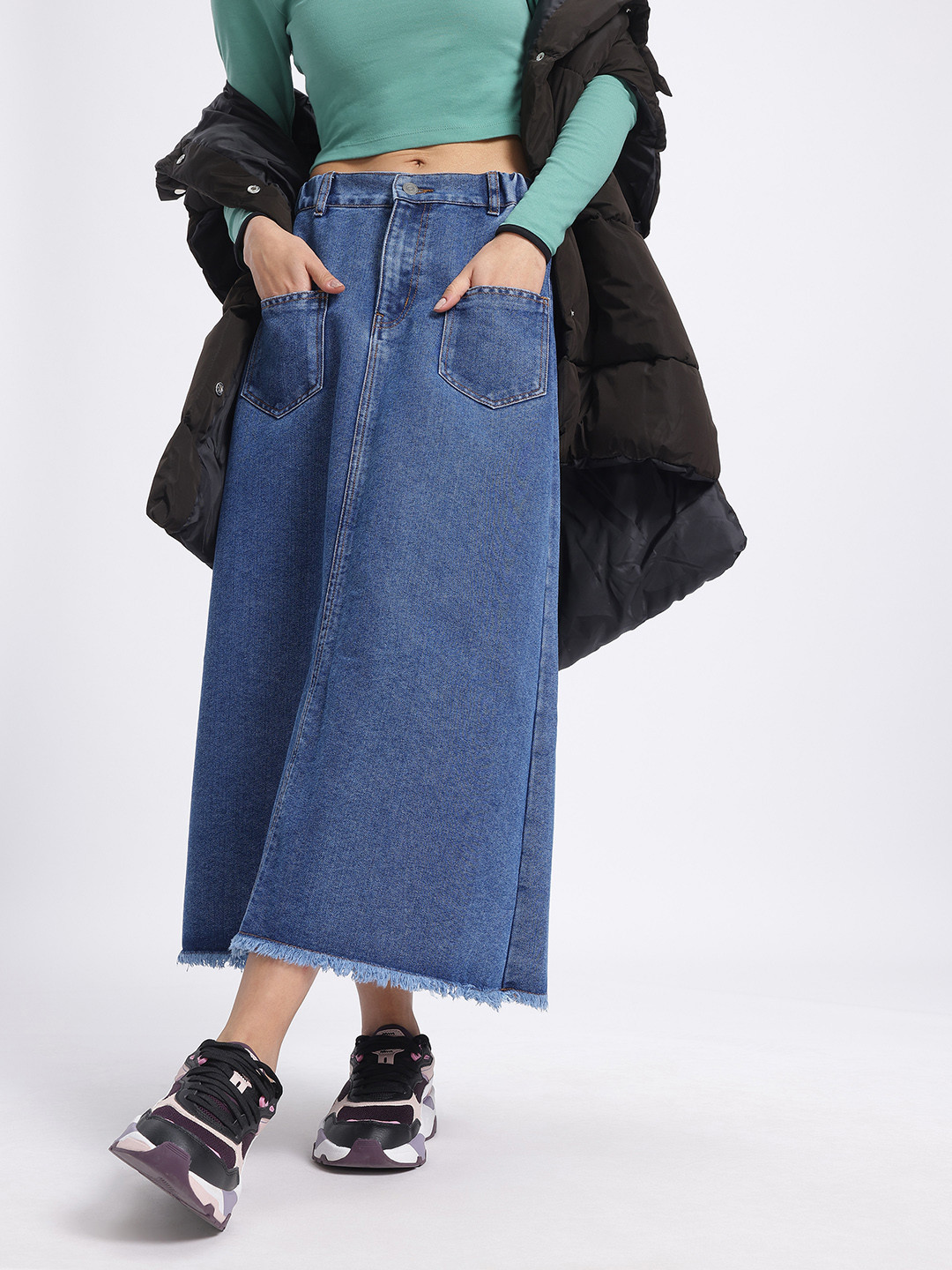 glitchez Wash Mid-Rise Denim Maxi A-Line Skirt with Frayed Hem
