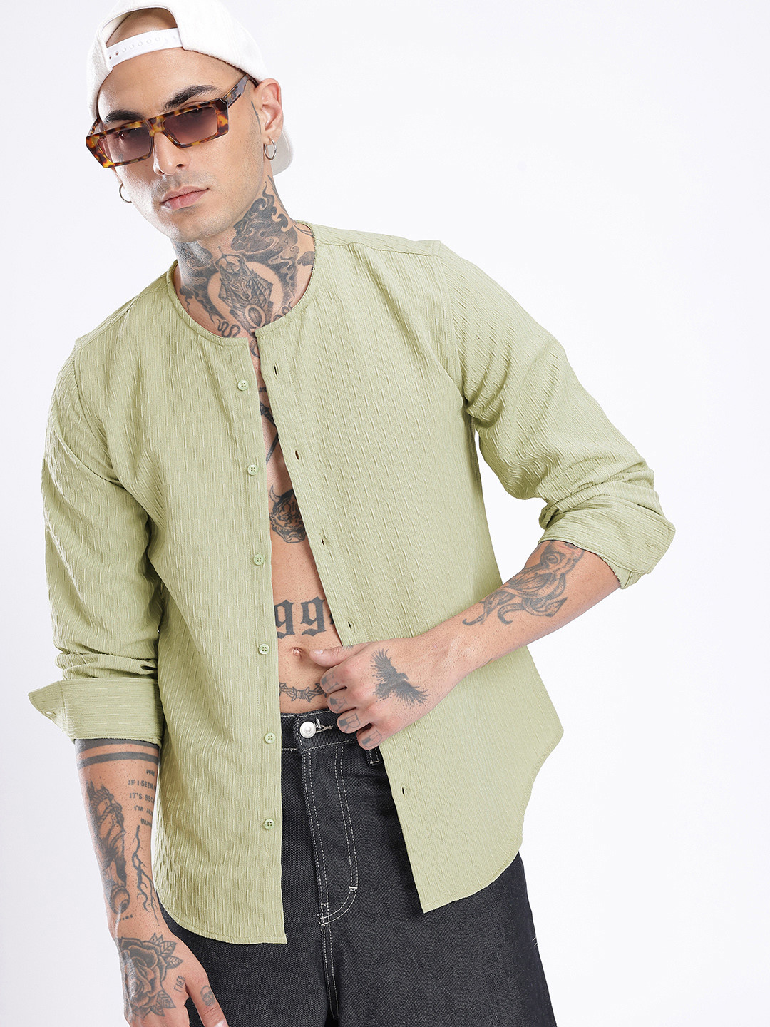 glitchez Textured Collarless Casual Shirt