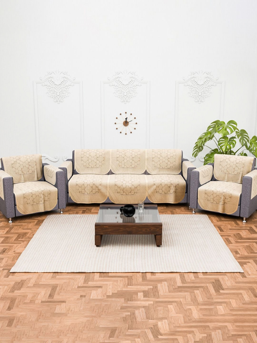 Aura Cream-Coloured 16 Pcs Set Cotton Anti Slip 5 Seater Sofa Cover with Arms