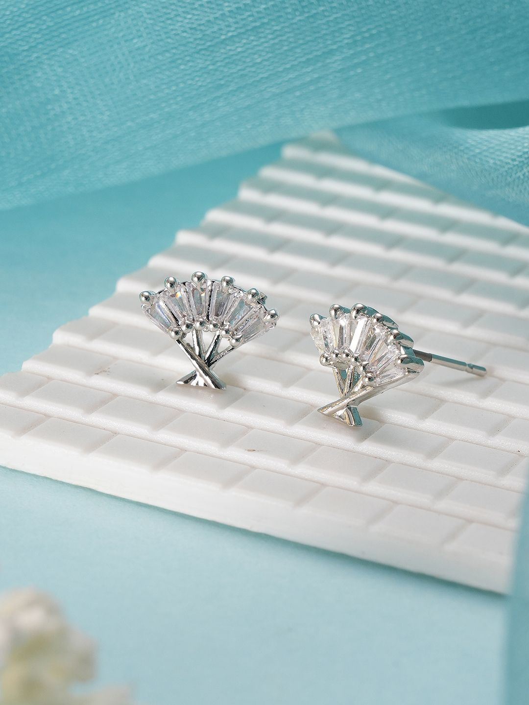 Jazz and Sizzle Silver Toned Rhodium Plated Fan Shaped Studs Earrings