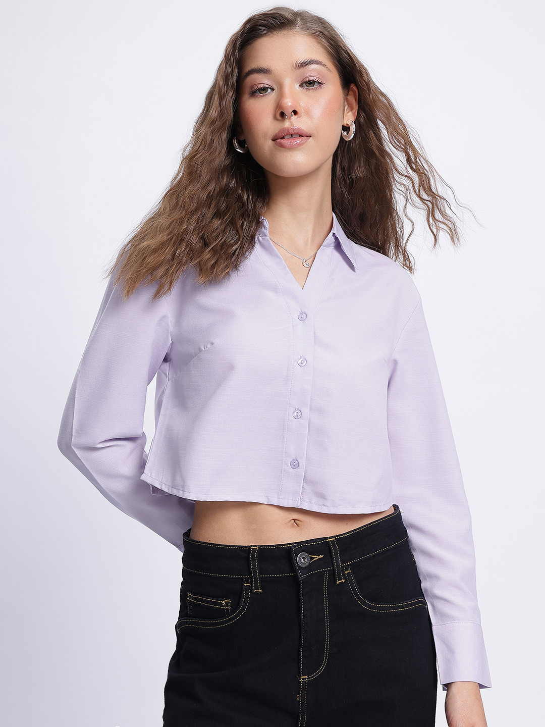 glitchez Lavender Button-Down Crop Shirt