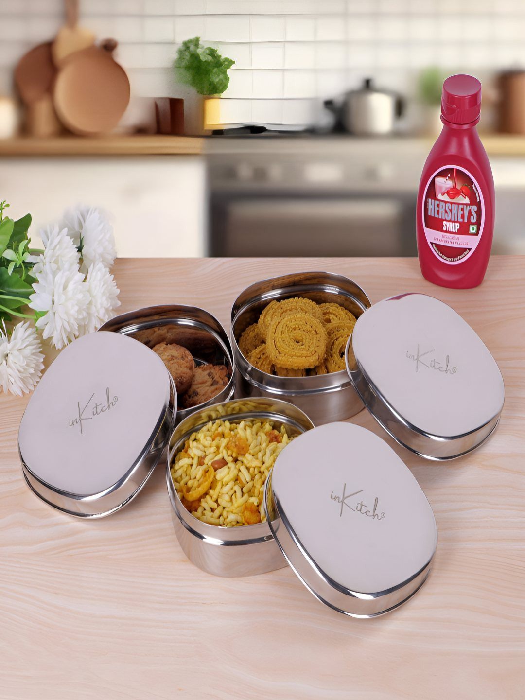inkitch Steel Stainless Steel Dishwasher Safe 3 Piece Magnetic Fridge Container-550ml