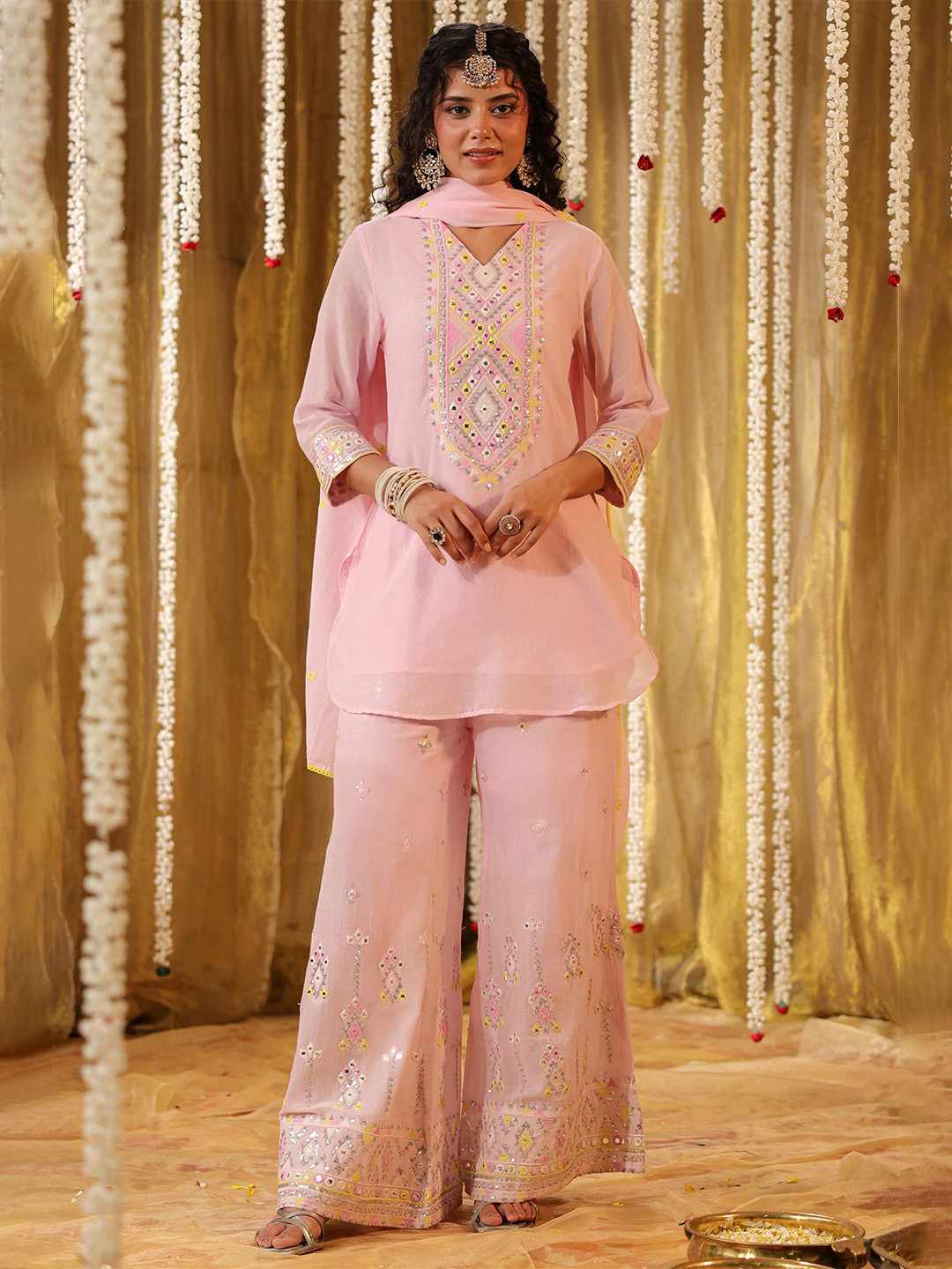 SCAKHI Women Pink Mulmul Mirror & Sequin Embroidered Kurta Palazzo & Dupatta Set