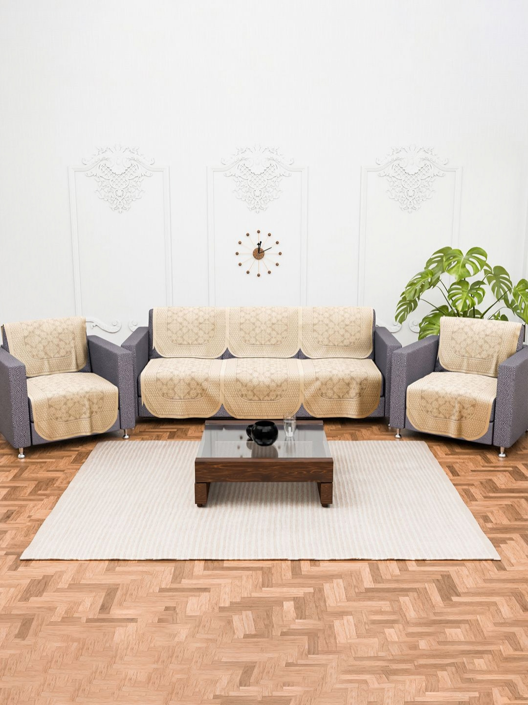 Aura Cream-Coloured 10 Pcs Set Cotton Anti Slip 5 Seater Sofa Cover